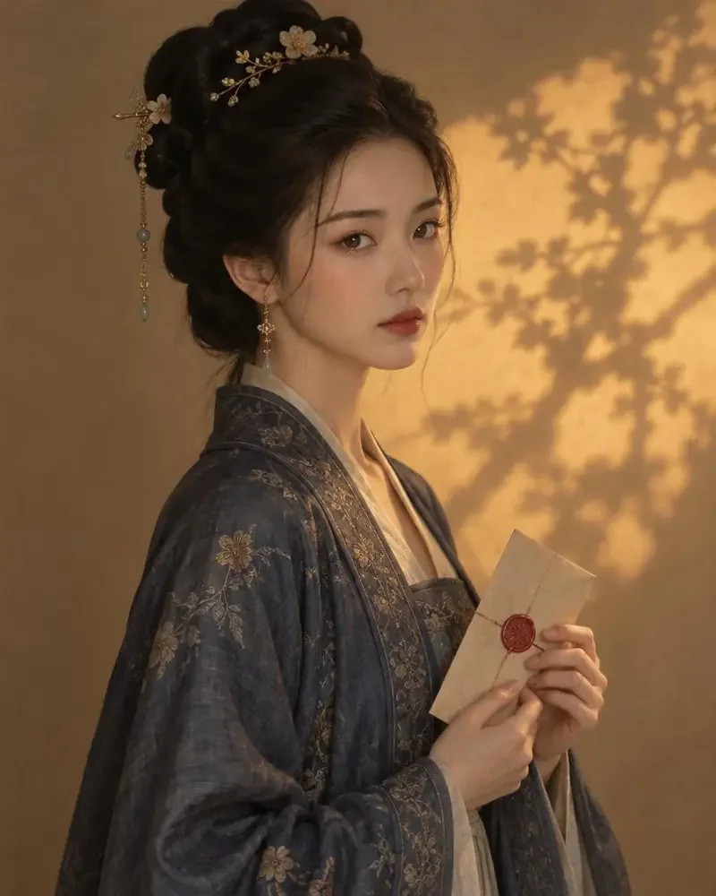 身着靛色长衫的女子手持红蜡封书信的半身像